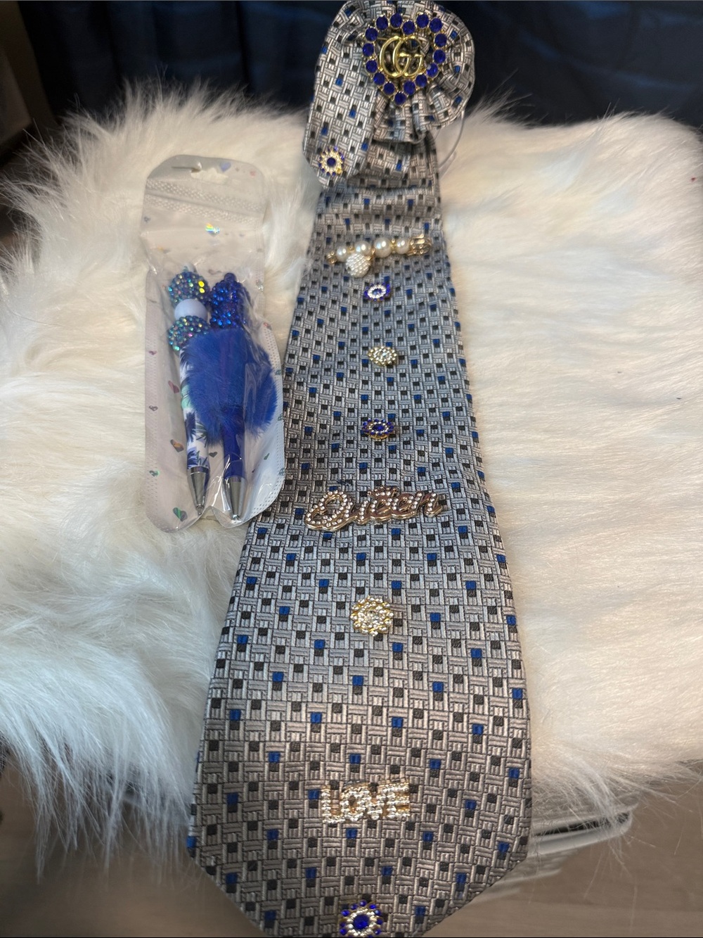 Junk Tie , blue and grey with gold accessories